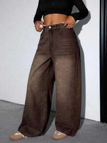 SHEIN ICON ICON Women's Loose Straight Leg Blue Denim Jeans,Wide Leg Women Pants,Baggy Women Pants,Women Jeans Pants - Brown - View 3