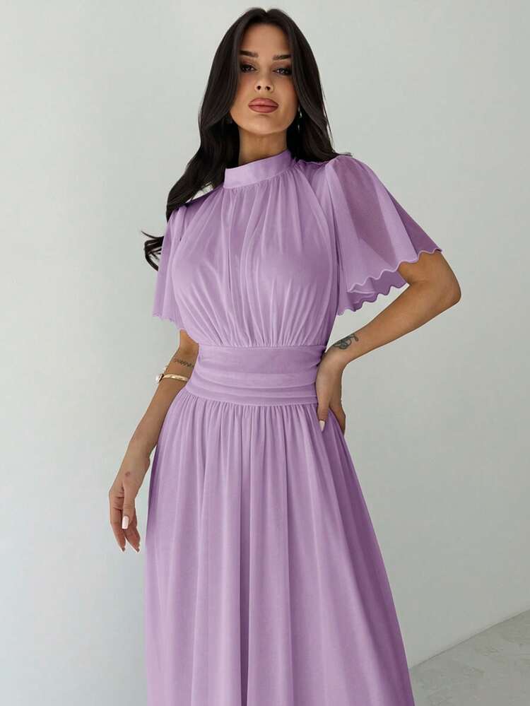 Firerie Vestido Branco Elegante e Romântico para Uso Diário, Viagens à Praia, Gola Padre, Cintura Alta, Plissado, Manga Flare - Lavanda - Visão 5