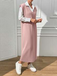 EURMUSE V Neck Sleevless Midi Dress With Slit - Dusty Pink - View 4