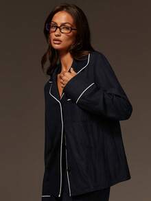 Athîral 女士休闲套装：立领单排扣长袖上衣和抽绳腰带口袋阔腿裤 - 藍色 - 查看 6