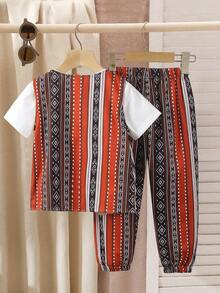 3pcs/Set Young Boy Geometric Pattern Vest, Paired With Holiday Graphic Round Neck Top And Geometric Cuffed Pants. Casual And Stylish Print Pants And Round Neck T-Shirt Set, Comfortable And Fashionable For Summer Wear, Simple And Stylish Design, Showcasing The Personalized Of Boys Aged 4-7 For Everyday Casual Wear,رمضان,جلابيات,عبايات - White - View 2