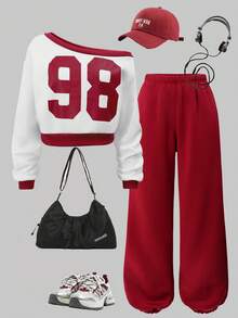 SHEIN ChillGRL Bộ 2 món áo nỉ trễ vai tối giản kiểu Mỹ và quần ống đứng ống rộng có dây rút cho bé gái tuổi teen Streecool & Teens Girls, Xuân/Thu - Đỏ - Xem 1
