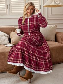 EMERY ROSE Plus Size Women's Vintage Elegant Plaid Print Contrast Lace Trim Waist Midi Dress, Spring/Autumn - Red - View 1