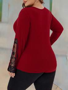 EMERY ROSE 大码女式植物与网纱拼接圆领长袖优雅T恤，派对女装秋季女装 - 紅色 - 查看 2