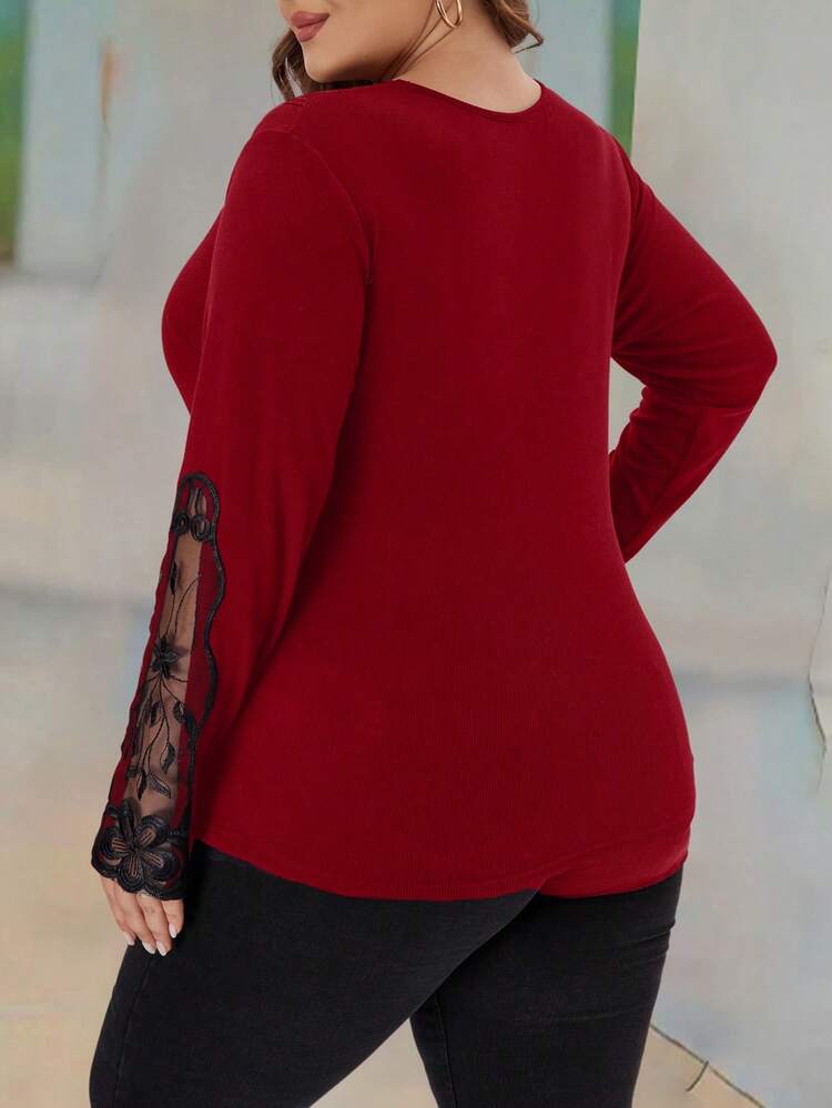 Koszulka damska Plus Size Plant & Mesh Splice z okrągłym dekoltem i długim rękawem, elegancka, sukienki imprezowe dla kobiet, jesienne ubrania dla kobiet