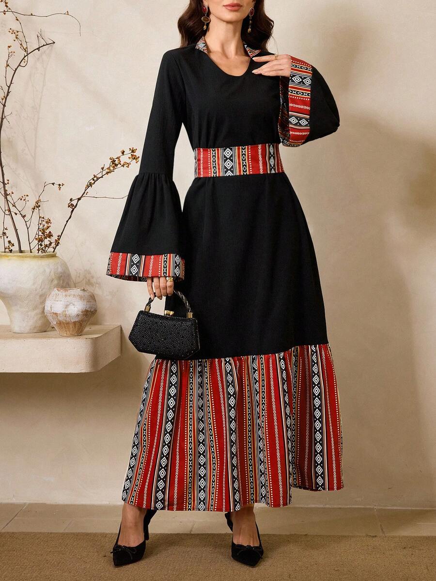 Al Najma Women's Geometric Print Flare Sleeve Elegant Arabic Style Dress - Apricot - View 1