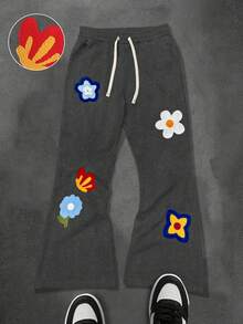 Manfinity EMRG Quần nỉ cạp rút thêu hoa thường ngày cho nam, Thu/Đông - Màu xám đen - Xem 4