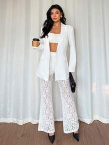Almamuse Women's Elegant Loose Double-Breasted Long Sleeve Blazer Jacket And Flared Lace Pants Set, Spring/Autumn White Blazer Women Women Suit Set White Suits For Woman White Pants Suit Women White Outfits - White - View 7