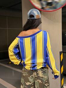 StreetHx Streetwear Women's Letter Print Oblique Shoulder Long Sleeve Sweatshirt - Blue - View 2