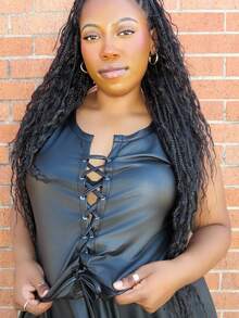 Truni Plus Size Sexy Streetwear Negru PU Cu cravată în față Camisole Top, toamnă - Negru - Vizualizare 5