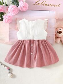 新生女宝宝白色无袖蕾丝领拼接粉色蝴蝶结连衣裙，新款优雅复古可爱面料舒适 - 粉色 - 查看 4