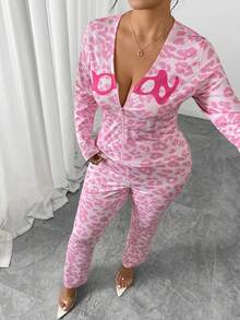 INAWLY Conjunto de top de manga larga y pantalones pitillo de estampado de leopardo para mujer de talla grande - Rosa Pálido - Ver 8