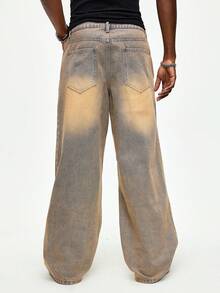 ROMWE MEN Men's Letter Embroidered Patch Pocket Wide Leg Loose Jeans - Bronze - View 3