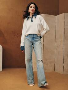 Anewsta 女士休闲优雅落肩长袖高领毛衣 - 白色 - 查看 7