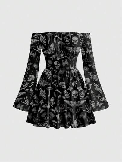 Goth Vestido de mujer de manga larga con escote descubierto, estampado de esqueleto, polilla, mariposa y hoja en estilo gótico oscuro