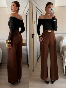 Islaluna French Style Women's Jumpsuit Elegant Office,Shades Of Brown Autumn Knitted Black Top With Flowing Wide-Leg Pants And Metal Buckle Belt Set - Multicolor - View 1