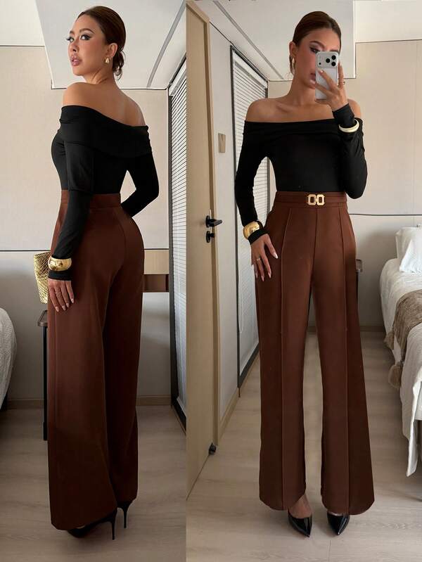 Islaluna French Style Women's Jumpsuit Elegant Office,Shades Of Brown Autumn Knitted Black Top With Flowing Wide-Leg Pants And Metal Buckle Belt Set