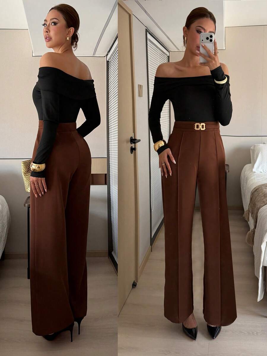 Islaluna French Style Women's Jumpsuit Elegant Office,Shades Of Brown Autumn Knitted Black Top With Flowing Wide-Leg Pants And Metal Buckle Belt Set - Multicolor - View 1