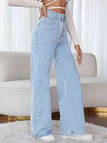 EMERY ROSE 大码女式休闲日常通勤花卉刺绣浅色水洗阔腿牛仔裤 - 淺色水洗藍 - 查看 4