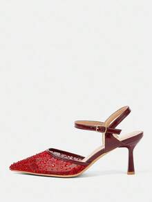 CUCCOO HITCHD Giày cao gót mũi nhọn cho nữ, chất liệu ren và đính đá, kiểu dáng thanh lịch, thích hợp cho tiệc tùng, dạ hội, đám cưới, kỳ nghỉ xuân, lễ Phục sinh, dạ hội Giáng sinh. - Màu Đỏ Sâu - Xem 9