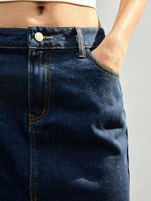 Maija 女士休闲通勤牛仔裙，带口袋和侧开衩 - 深色水洗藍 - 查看 4