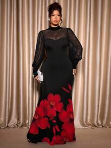 Cravure 大码女士优雅派对针织竖条纹半透明袖立领花卉数码印花修身连衣裙，秋季 - 黑色 - 查看 6