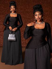 Maweii 大码女式A字方领长袖波点连衣裙，优雅精致，适合秋季穿着 - 黑色 - 查看 1