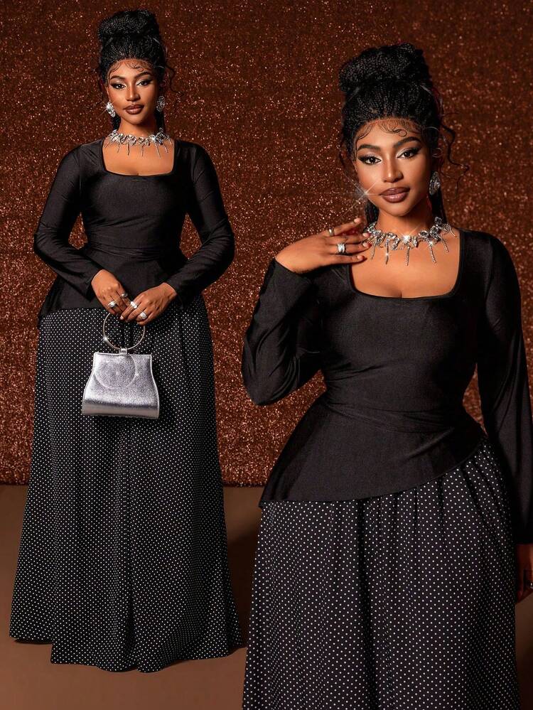 Maweii Đầm chấm bi cổ vuông dáng chữ A tay dài cỡ lớn dành cho nữ, thanh lịch và tinh tế, phù hợp cho mùa thu - màu đen - Xem 1