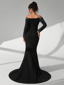 Cheriluna Maternity فستان أنيق للنساء بأكمام طويلة وياقة مكشوفة الكتف مزين باللؤلؤ - الأسود - مشاهدة 2