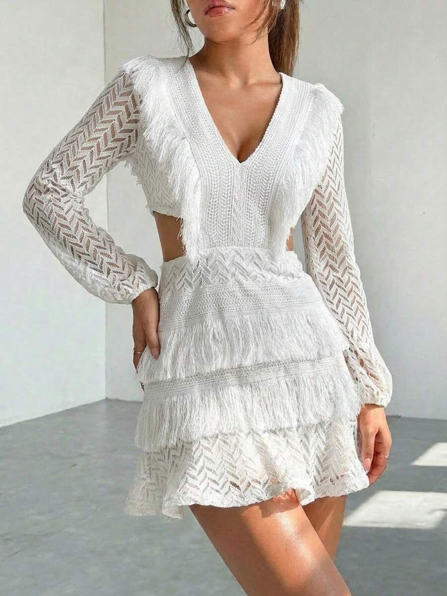 Conjunto de dos piezas para mujer con falda de capas con flecos y blusa de manga translúcida y escote profundo en V - Blanco - Ver 1
