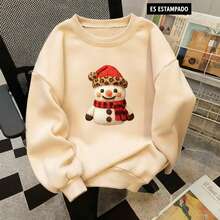 Sudadera casual para mujer con cuello redondo y manga larga, diseño holgado, material cómodo, estampado de muñeco de nieve, otoño invierno, hogar y exterior - Beis - Ver 1