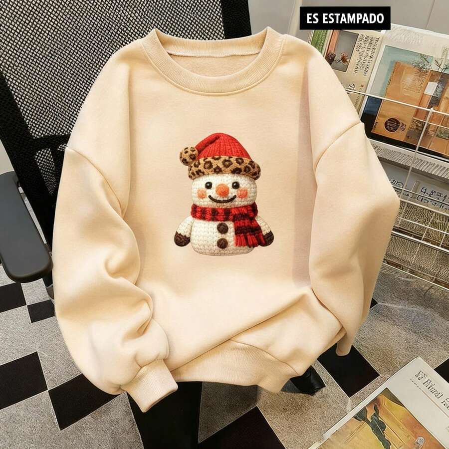 Sudadera casual para mujer con cuello redondo y manga larga, diseño holgado, material cómodo, estampado de muñeco de nieve, otoño invierno, hogar y exterior - Beis - Ver 1