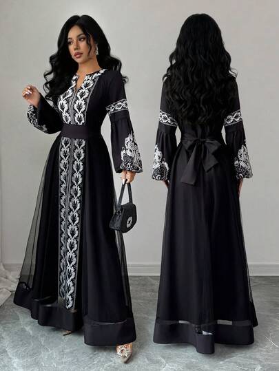 Elenzga Damny höst/vinter jul halloween thanksgiving nyår elegant festklänning, utsökta utflykter, mesh patchwork puffärm, peristryck midjeknytning v-ringning, vit blommig klänning för bröllopsgäster