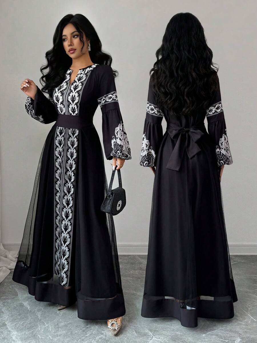 Elenzga 女士新款秋冬圣诞节万圣节感恩节新年优雅派对连衣裙，精致外出装扮，网纱拼接泡泡袖，佩里斯印花腰带V领，白色花卉印花婚礼宾客毕业礼服 - 黑色 - 查看 1