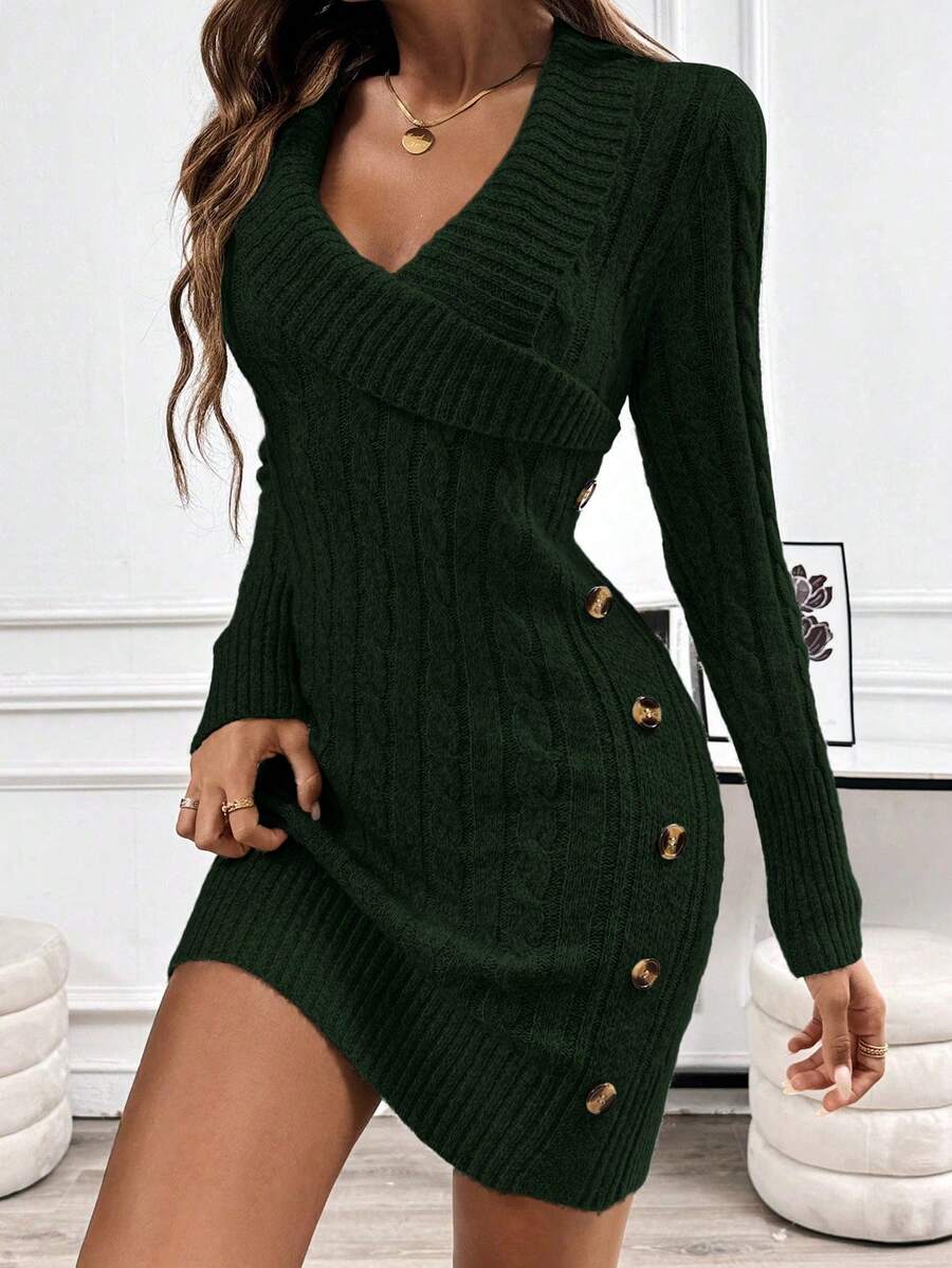 EMERY ROSE Collared Knit Long Sleeve Comfortable Sweater Dress - Dark Green - View 1