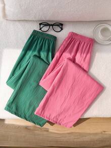 Sparklyn 两件套青少年阔腿裤：绿色条纹款和粉色休闲宽松长裤，适合青少年穿着。采用舒适的弹性腰带设计，轻便透气，是日常休闲和运动活动的理想之选。