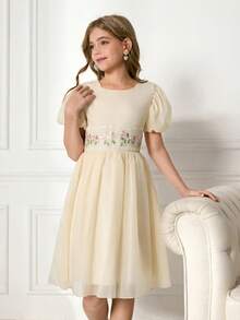 Tween Girls' Elegant Elegant Soft Apricot Puff Sleeve Round Neck Waist Cute Embroidered Floral Belt Decor Fluffy Dress - Apricot - View 8
