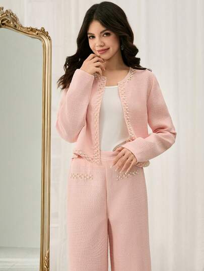 Teen Girl Elegant Fashion Elegant Round Neck Raglan Sleeve Short Fitted Tweed Fabric Jacket With 3D Pearl Decor Design And High Waist Loose Wide Leg Pants Set, Pink