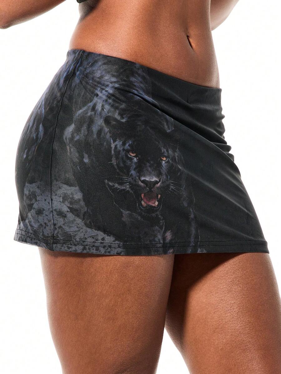 SUMWON WOMEN Minigonna aderente in rete con stampa animalier pantera, vita alta con dettaglio legato ai lati, adatta per feste, club e festival