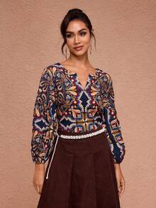 JIAN LASALA Top Casual Boêmia com Estampa Total, Gola V, Mangas Farol, Silhueta A, Ideal para Cruzeiro e Férias, Blusas Elegantes com Gola V para Mulheres, Blusas Boêmias para Mulheres, Camisas Boêmias para Mulheres, Blusas Femininas Boêmias, Camisas Femininas Boêmias, Convidada de Casamento na Praia - Multicolorido - Visão 8