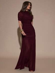 SHEIN BAE Elegant Ruched Skirt Bodycon Dress, Suitable For Cocktail Party, Romantic Date, Autumn/Winter Layering, Party, Formal Gathering, Halloween, Christmas - Maroon - View 7