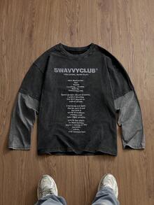 SWAVVY Men's Standard Casual Long Sleeve T-Shirt, Graphic Print & Contrast Color Patchwork Design, Faux 2-In-1 Streetwear Top Graphic Long Sleeve - Black - View 1