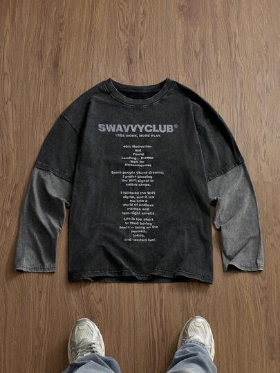 SWAVVY 男士标准休闲长袖T恤，图案印花和撞色拼接设计，仿二合一