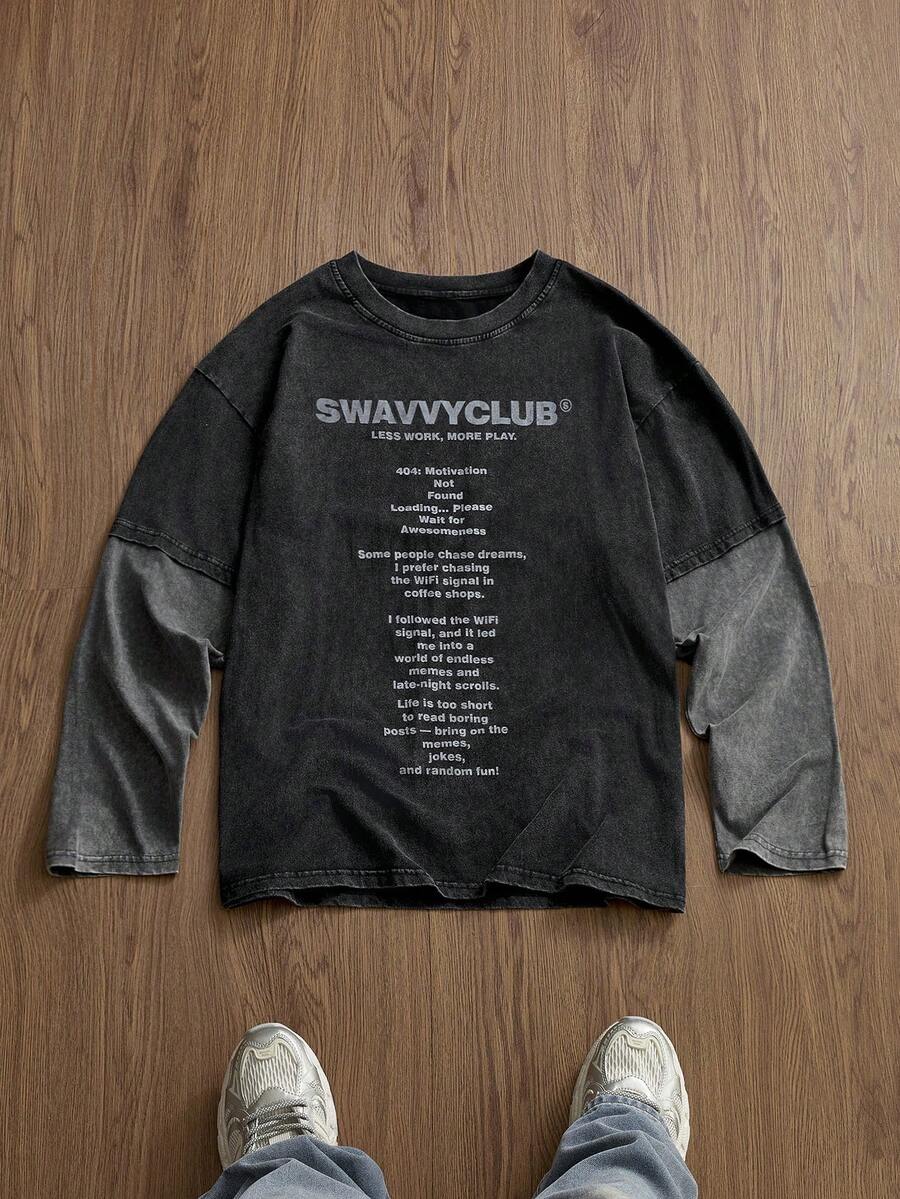 SWAVVY Men's Standard Casual Long Sleeve T-Shirt, Graphic Print & Contrast Color Patchwork Design, Faux 2-In-1 Streetwear Top Graphic Long Sleeve - Black - View 1