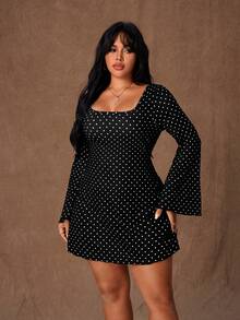 Rustia Plus Size Women's New Black Polka Dot Print Flare Sleeve Bodycon Mini Dress With Belt And Backless Design, Romantic Dress, Party Outfit, Elegant, Black Elegant, Fashionable Autumn/Winter, Gothic Style - Multicolor - View 7