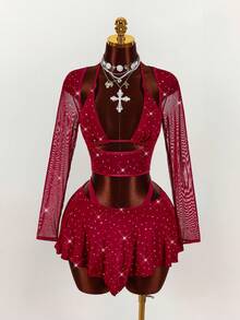 Amplova 2pcs/Set Sequin Detail Sexy Tight Fit Long Sleeve Crop Top & Tight Fit Inverted V Mini Skirt Sexy Two Piece Club Outfit Club Two Piece Set Sparkly Two Piece Set Mesh Two Piece Set Red Two Piece Set Vacation Outfits Women Y2K Valentine's Day - Burgundy - View 5