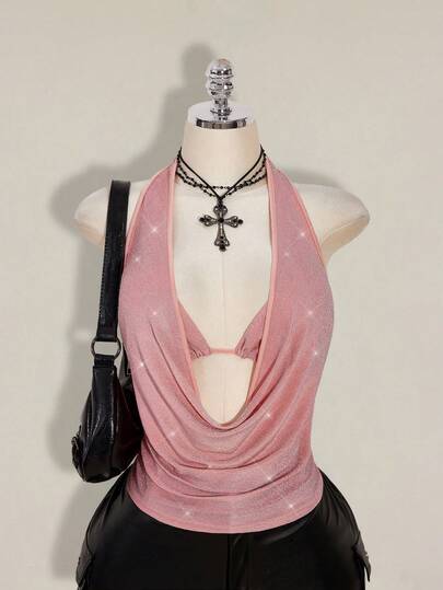 SHEIN ICON Plus Size 2pcs Summer Going Out Beach Hawaii Party Homecoming Concert Club Glitter Backless Women Tank Tops & Camis