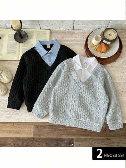 Pixure 2pcs Young Boys/Girls Fashion Casual College Style Color Block Sweatshirts, Super Comfy, Versatile & Affordable, Suitable For Winter, Back To School, Daily Wear, Sports, Birthday Party, Basic