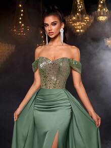 Glamrae Váy đuôi cá trễ vai đính cườm và sequin sang trọng thanh lịch với váy maxi xòe và đuôi váy, phù hợp cho đám cưới, sự kiện, tiệc tùng, ngày lễ, dạ tiệc (trang trí đậm) - màu xanh lá - Xem 6