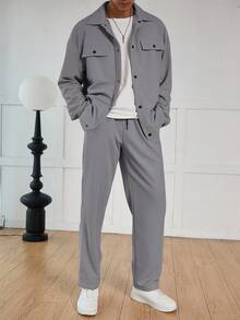 Manfinity Hypemode Men's Waffle Textured Jacquard Shirt And Pocket Pants Casual Suit - Grey - View 3